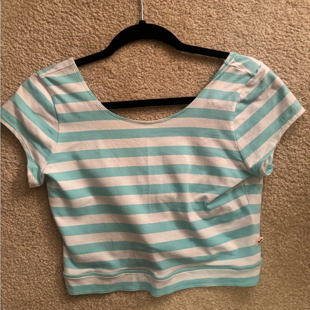 Hollister Blue and White Fitted Crop T-Shirt